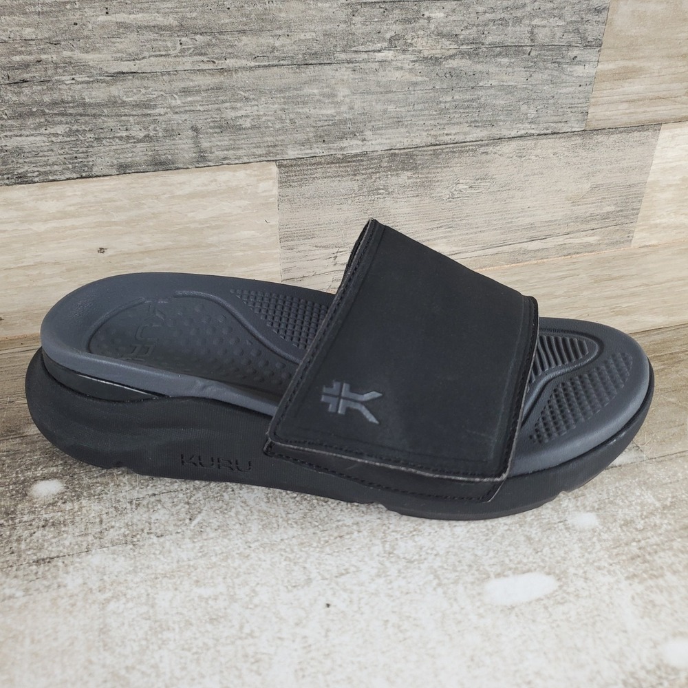 Kuru Moment Mens Slide Sandal Sz 7 Jet Black Storm Gray Leather Slip On Open Toe